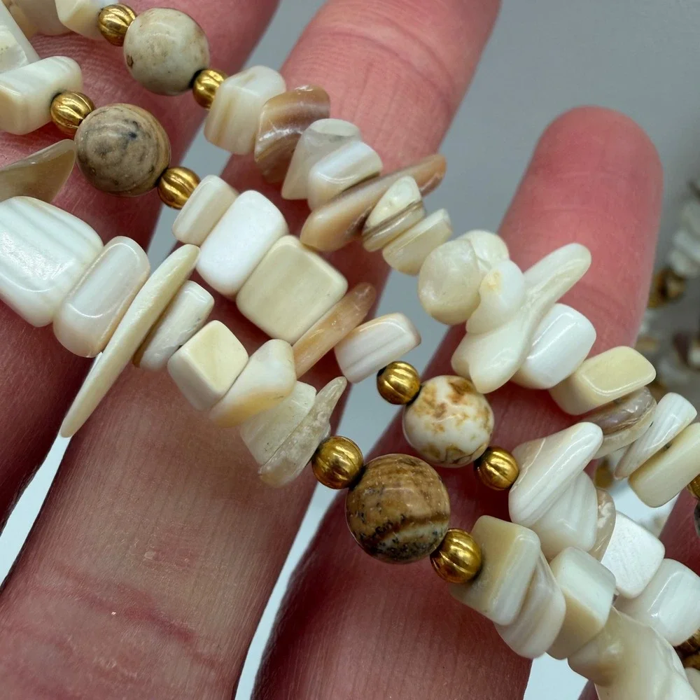 Vintage Multi Strand Shell Chip Necklace Natural Stone Beaded Beach Boho